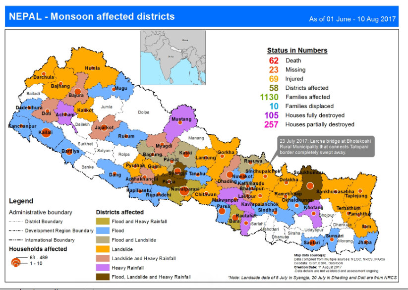 This map shows the status of death, missing, injured, district affected and household destroyed from flood and landslide.