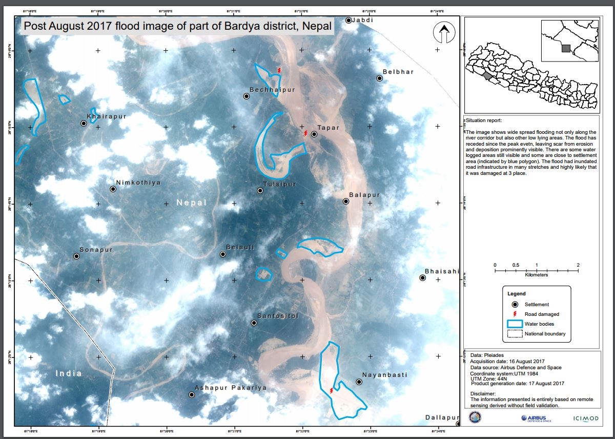 This satellite image shows Post August 2017 flood image of part of Bardya district, Nepal