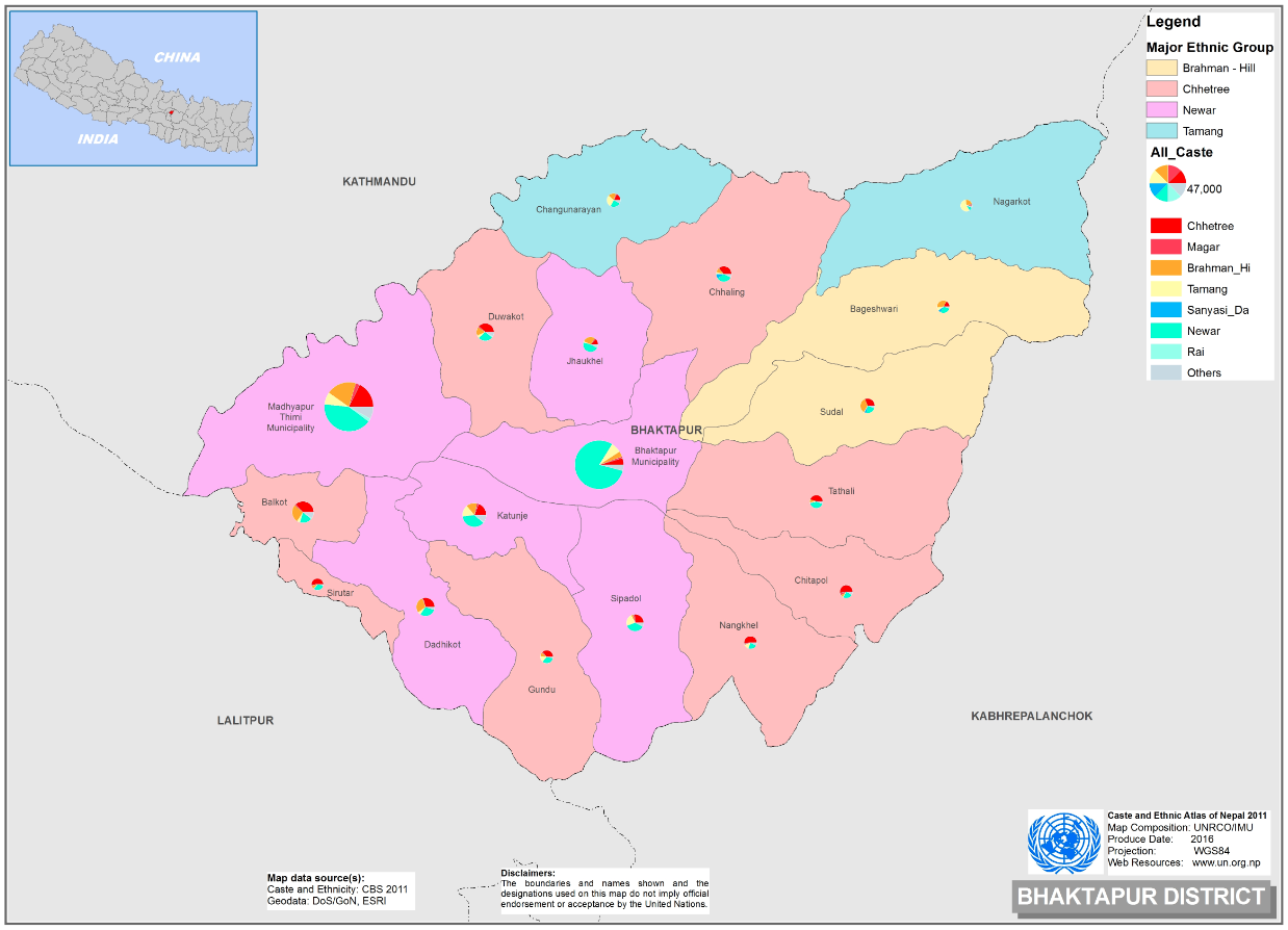 This map presents major caste group and it's composition based on CBS 2011 data of Bhaktapur district.