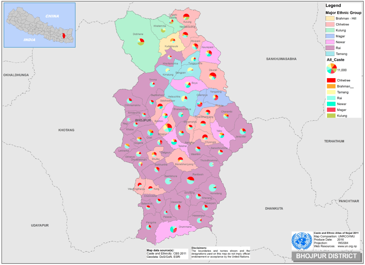 This map presents major caste group and it's composition based on CBS 2011 data of Bhojpur district.