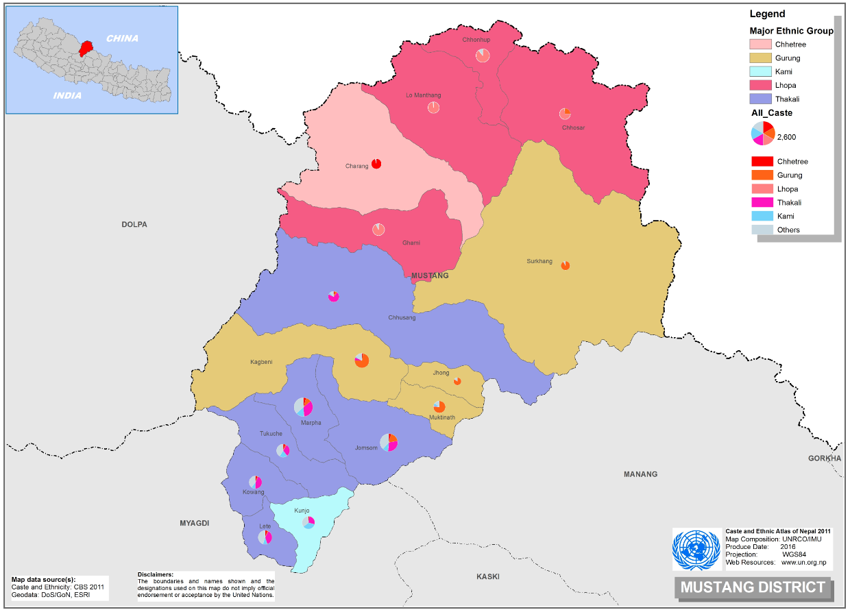 This map presents major caste group and it's composition based on CBS 2011 data of Mustang.