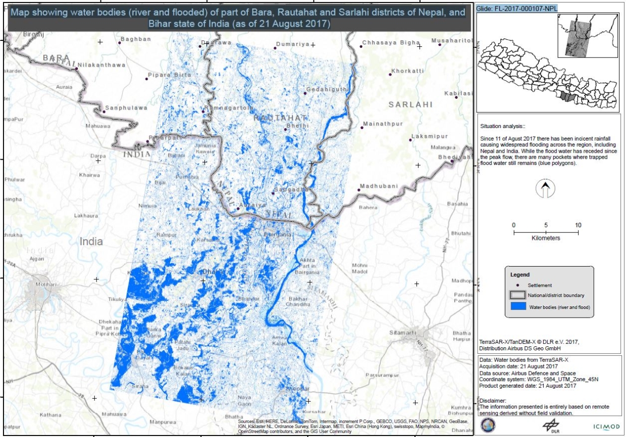 This map shows water bodies (river and flooded) of part of Bara, Rautahat and Sarlahi districts of Nepal, and Bihar state of India (as of 21 August 2017)