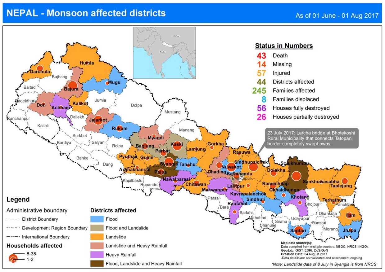 This map shows the status of death, missing, injured, district affected and household destroyed from flood and landslide.