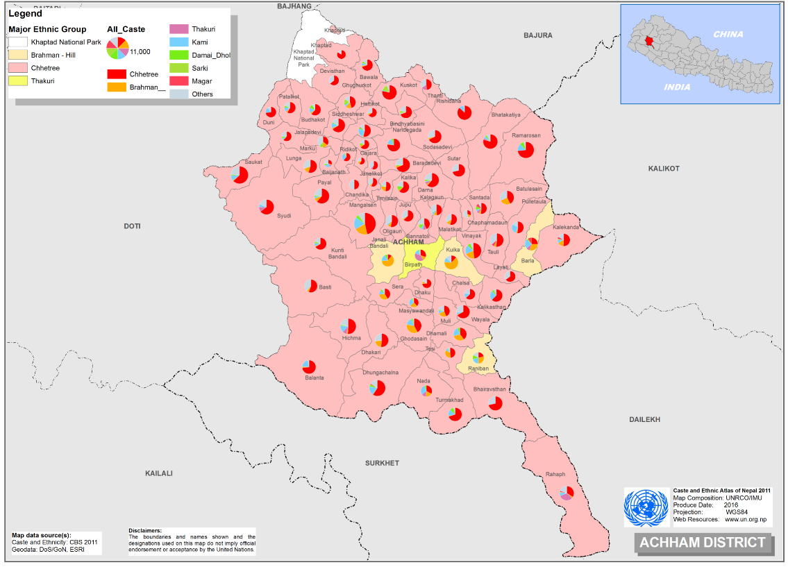 This map presents major caste group and it's composition based on CBS 2011 data of Achham district.