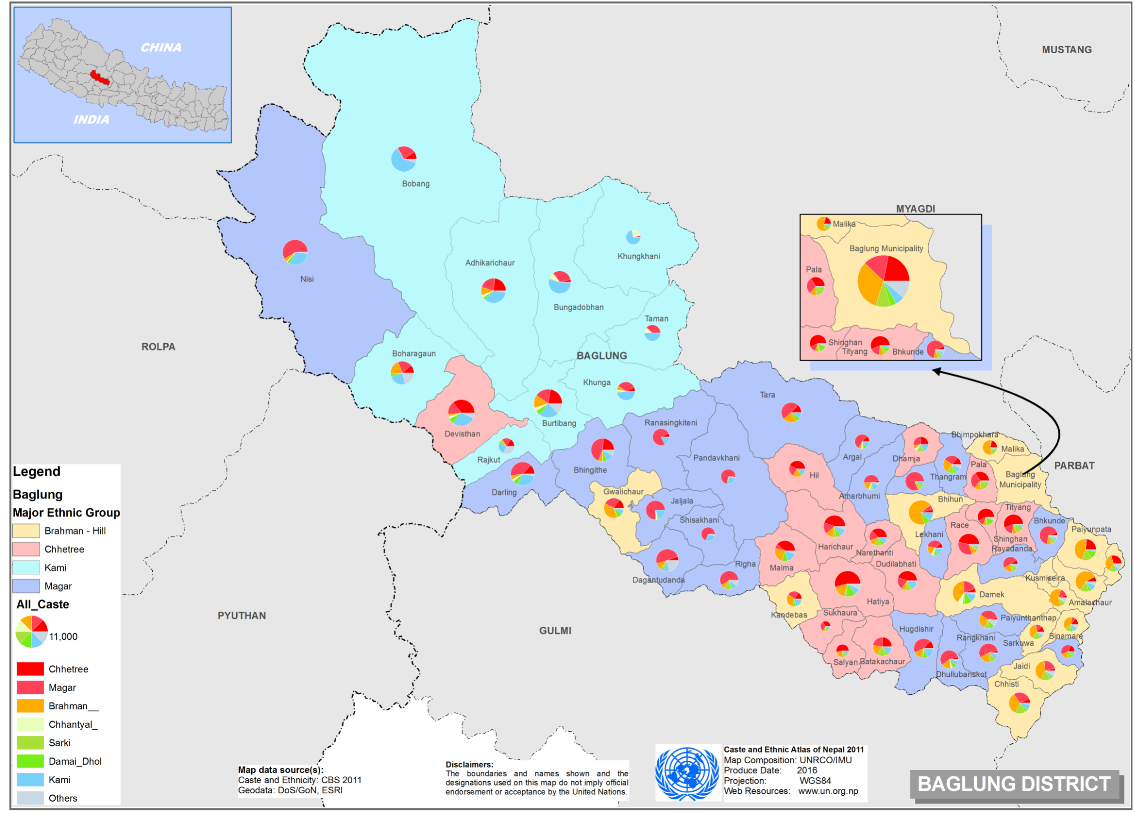 This map presents major caste group and it's composition based on CBS 2011 data of Baglung district.