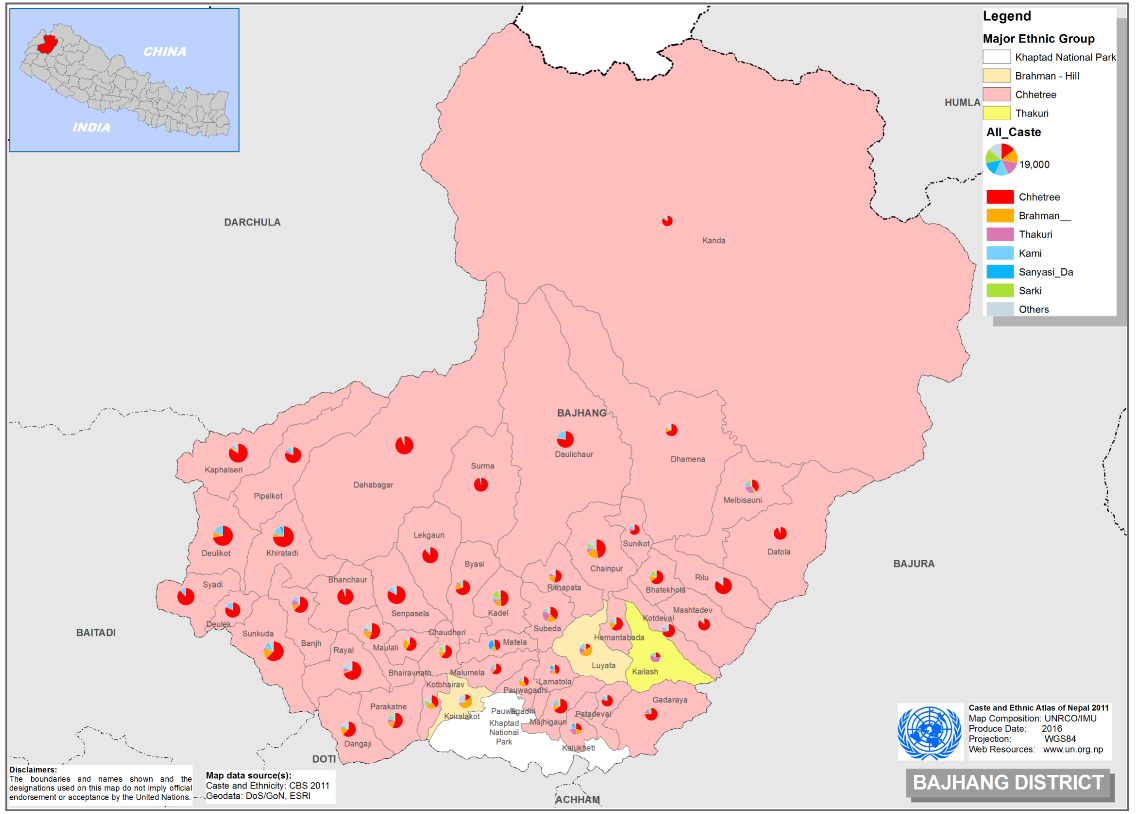 This map presents major caste group and it's composition based on CBS 2011 data of Bajhang district.