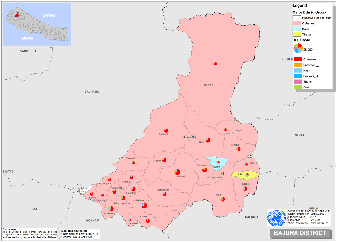 This map presents major caste group and it's composition based on CBS 2011 data of Bajura district.