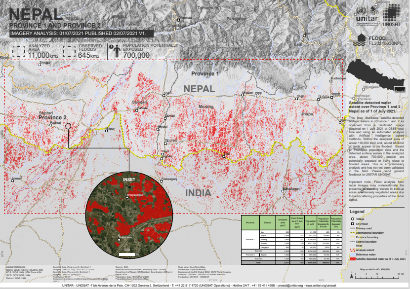 The map illustrates satellite-detected surface waters in red polygons in Province 1 and 2  acquired on 1 July 2021.