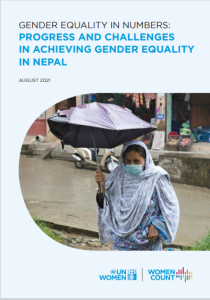 This image shows a women with umbrella which is cover page of Gender Equality in Numbers: Progress and Challenges  in Achieving Gender Equality  in Nepal report