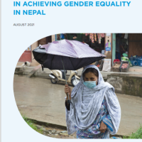 This image shows a women with umbrella which is cover page of Gender Equality in Numbers: Progress and Challenges  in Achieving Gender Equality  in Nepal report